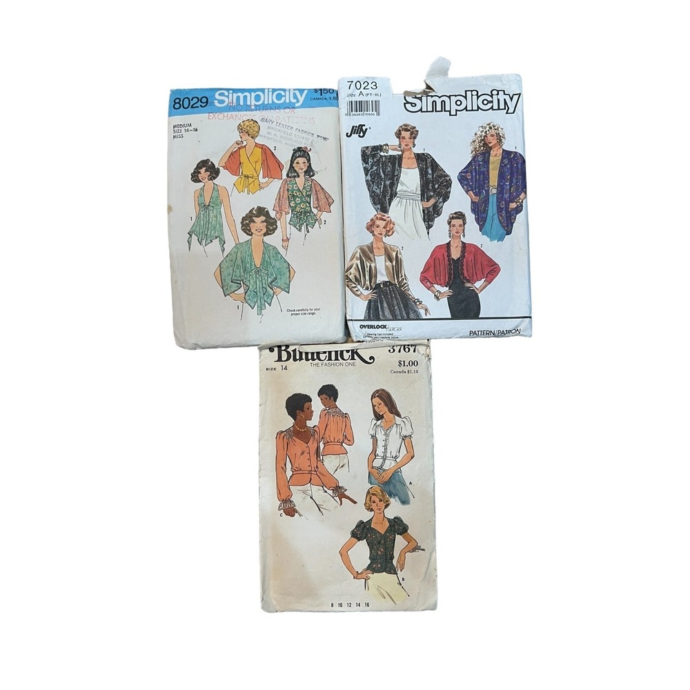 Vintage Lot of 3 Simplicity & Butterick Top, Shirt, Jacket & Blouse Patterns